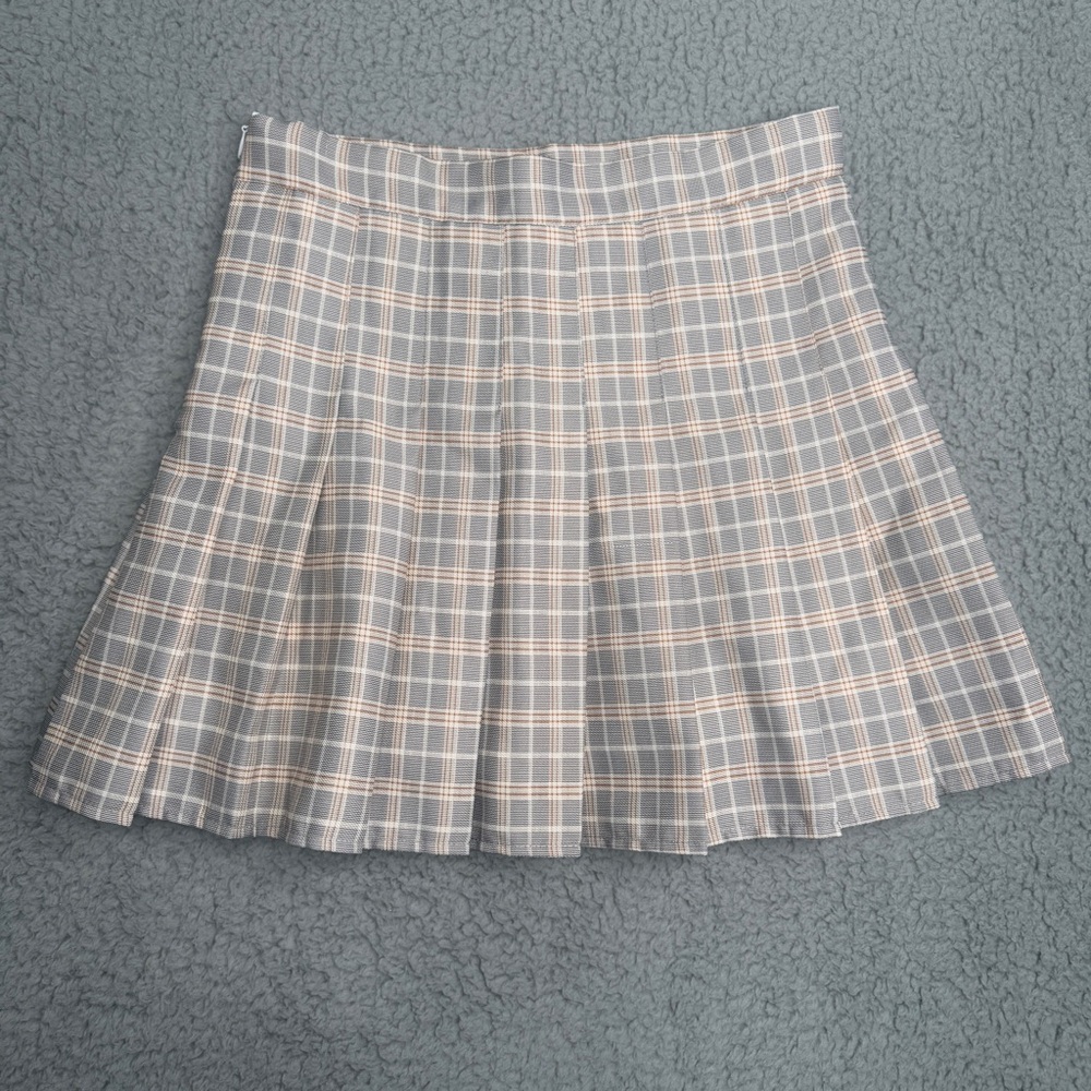 Pleated mini skirt grey cream plaid size XS preppy schoolgirl Y2K